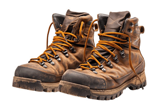Two dirty brown boots with orange laces. The boots are worn and dirty, but still have a rugged, outdoorsy look to them png