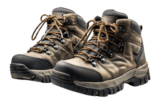 Two brown hiking boots with laces. The boots are worn and dirty png