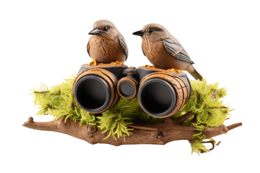 Two birds are sitting on a branch with binoculars png