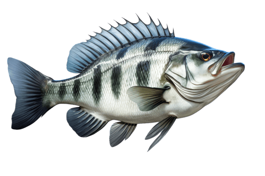 A fish with a blue and green striped body is swimming in the water. The fish has a mouth open, and its eyes are looking forward png