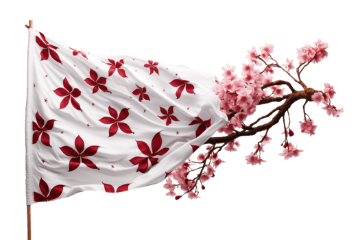 A white flag with red flowers on it is blowing in the wind. The flag is attached to a branch of a cherry blossom tree. Concept of freedom and natural beauty png
