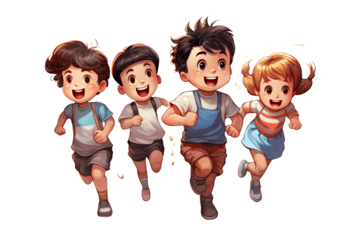 Four children are running in a cartoon. They are smiling and seem to be having fun. The cartoon is colorful and lively, and it conveys a sense of joy and playfulness png