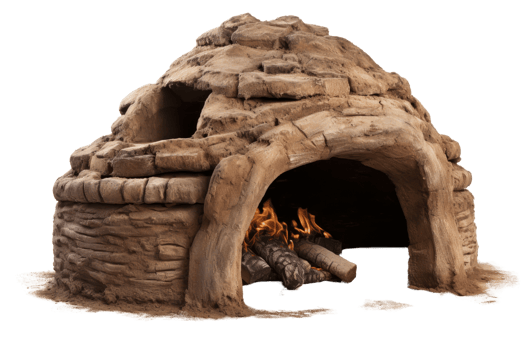 A small hut made of dirt and wood with a fire burning inside. The hut is small and has a rustic feel to it png