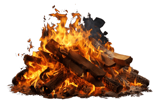 A pile of burning wood with flames shooting out of it. The fire is hot and bright, and the wood is charred and blackened. The scene is intense and dramatic, with the flames creating a sense of danger png