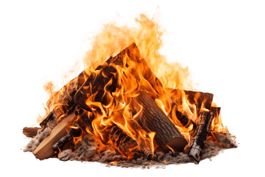 A pile of burning wood with flames shooting up from it. The fire is hot and bright, and the wood is charred and blackened. The scene is intense and dramatic, with the flames creating a sense of danger png