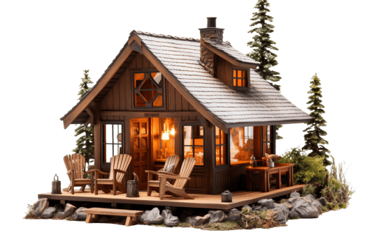 A small cabin with a porch and a fireplace. The cabin is surrounded by trees and has a cozy, rustic feel png