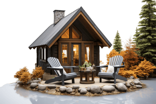 A small cabin with a fireplace and two chairs outside. The cabin is surrounded by trees and rocks png