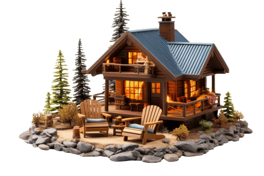 A small model of a log cabin with a porch and a deck. The cabin is surrounded by trees and has a cozy, rustic feel png
