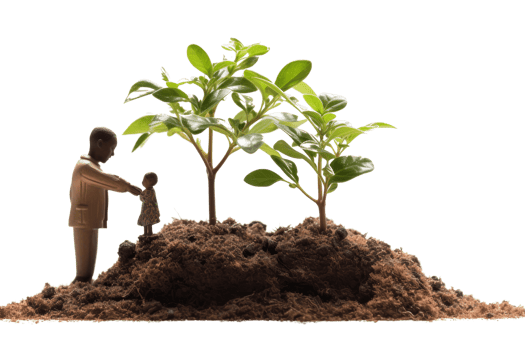A man and a child are tending to a small tree in a dirt patch. The man is holding the child's hand and the child is looking up at the tree. Concept of nurturing and care png