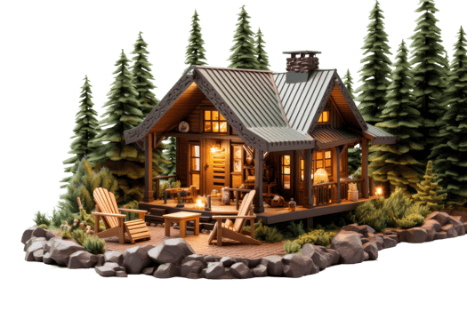 A small cabin with a porch and a deck. The cabin is surrounded by trees and has a cozy, rustic feel png