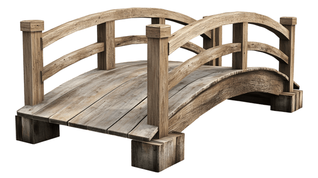 Traditional small arch wooden bridge rustic wooden footbridge side view transparent background png