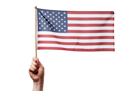A person holding a wooden pole with a red, white, and blue American flag. The flag is waving in the wind png