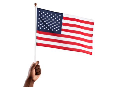 A person is holding a flag of the United States. The flag is red, white, and blue png