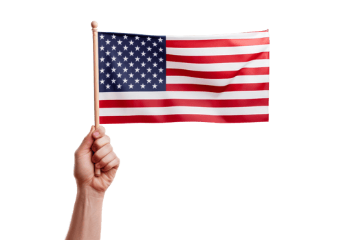 A hand holding a wooden pole with a red, white, and blue American flag. The flag is waving in the wind png