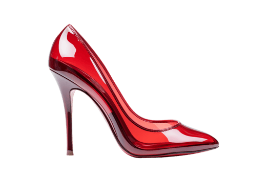 A red high heel shoe with a red sole. The shoe is made of clear plastic and has a red stripe png
