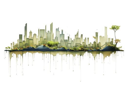 A city skyline with a tree in the middle. The city is green and the sky is white png