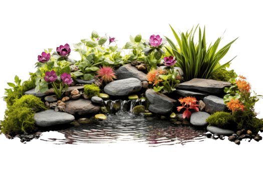 A rock garden with a small waterfall and a pond. The pond is surrounded by rocks and plants, including purple flowers png