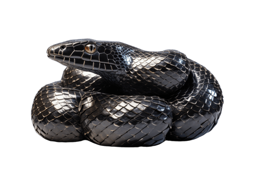 Close-up of a sculpture of a black snake, crafted with realistic details and glossy surface. Perfect for art and wildlife-themed collections. png
