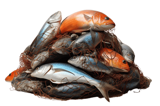 A pile of various fish caught in a fishing net, showcasing a variety of species in vibrant colors, ready for culinary preparation. png