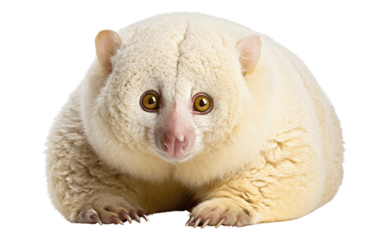 Close-up of a fluffy white possum with adorable round eyes, isolated on transparent background. png