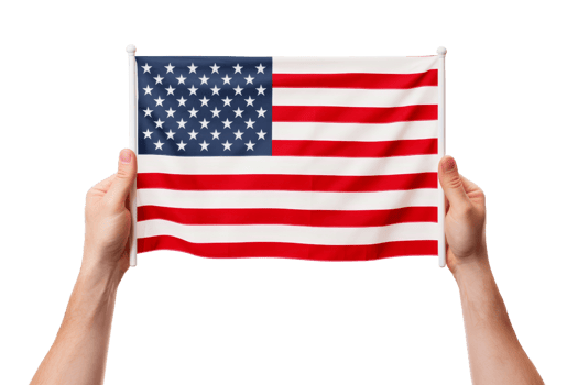 A person is holding a red, white, and blue American flag. The flag is waving in the air, and the person is holding it up to show it off. The flag represents the United States and its values png
