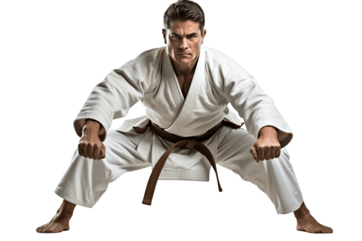 A man in a white uniform is posing for a picture. He is wearing a belt and has his hands on his hips. Concept of strength and determination png