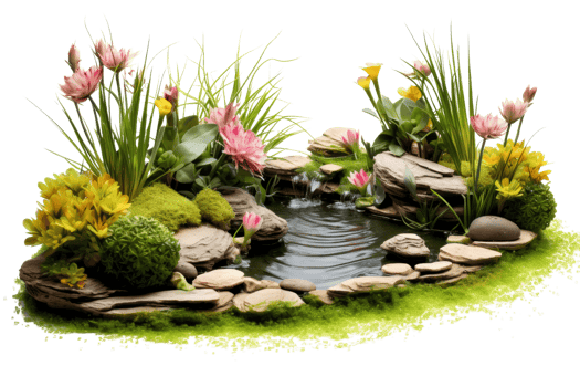 A garden with a small pond and a rock wall. The pond is surrounded by flowers and grass png