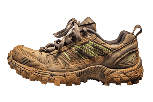 A dirty, muddy shoe with a green stripe png