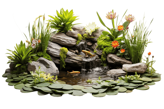 A rock garden with a small waterfall and a pond with lilies. The pond has two fish swimming in it png