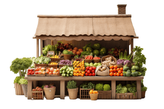 A colorful market with a variety of fruits and vegetables. The market is set up in a small wooden building with a roof. The produce is displayed in baskets and crates png