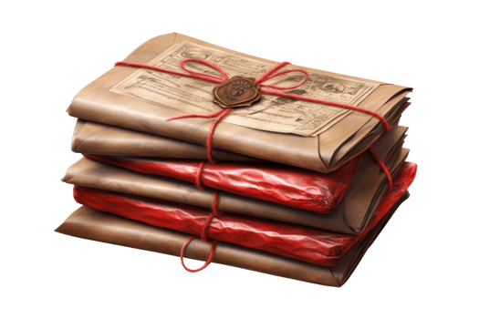 A stack of old papers with red wax seals and red ribbons png