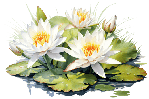 A group of white flowers with yellow centers are arranged in a vase. The flowers are surrounded by green leaves and grass, creating a peaceful and serene atmosphere. Concept of calm and tranquility png