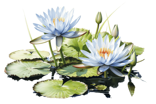Two blue flowers are floating on a pond. The flowers are surrounded by green leaves and the water is calm. Concept of tranquility and serenity png