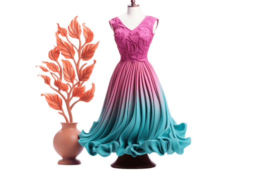 A pink and blue dress is displayed next to a vase. The dress is made of clay and has a flowy, elegant design png
