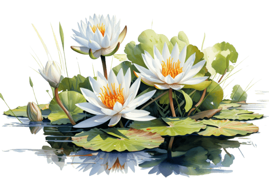 A painting of three white flowers with yellow centers. The flowers are surrounded by green leaves and are floating on water. The painting has a serene and peaceful mood, with the flowers png