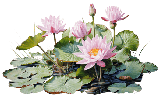 A group of pink flowers with green leaves are in a pond. The flowers are in full bloom and the pond is calm. Concept of tranquility and beauty png