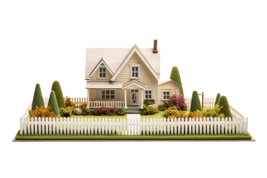 A white house with a white picket fence and a green bush in front of it. The house is surrounded by a lawn and a garden png