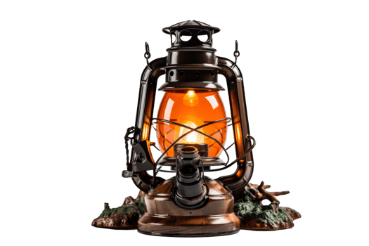A lantern with a light inside of it. The lantern is sitting on a wooden base png