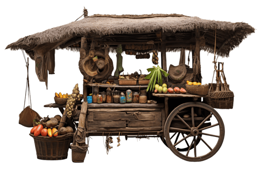 A wooden cart with a thatched roof is filled with fruits and vegetables. The cart is old and has a rustic appearance png