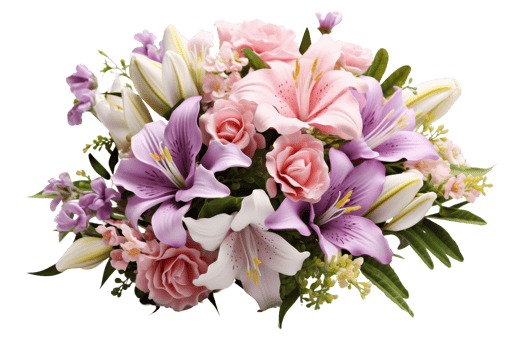 Beautiful bouquet of pink roses, white lilies, and purple flowers arranged with green foliage. Perfect for weddings or decorations. png