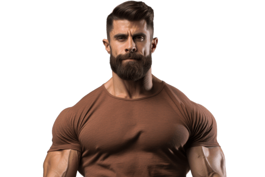 Muscular man with a beard wearing a brown t-shirt, showcasing bodybuilding and fitness. Isolated on a transparent background. png