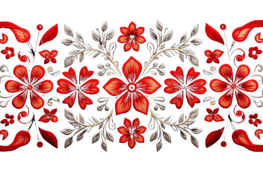Intricate floral design with red flowers and gray leaves in symmetrical arrangement, perfect for decorative use and artistic projects. png
