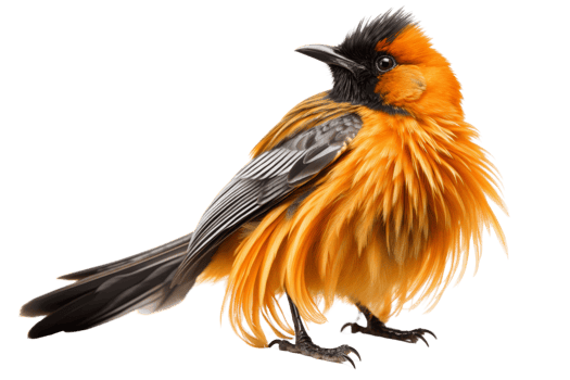Vibrant orange and black bird with ruffled feathers, captured in high detail, perfect for nature and wildlife stock photography. png
