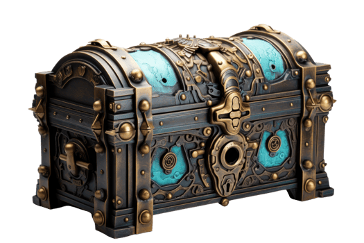 Ornate, vintage treasure chest with intricate metalwork and turquoise accents, perfect for decoration or fantasy-themed designs. png