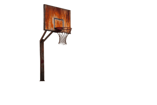 A rusty basketball hoop with a net. The image has a vintage feel to it png