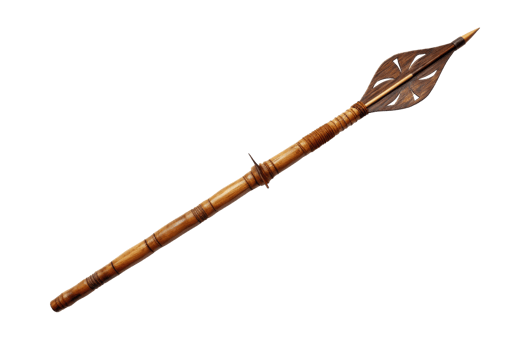 A long wooden spear with a pointed end. The spear is brown and has a design on it png