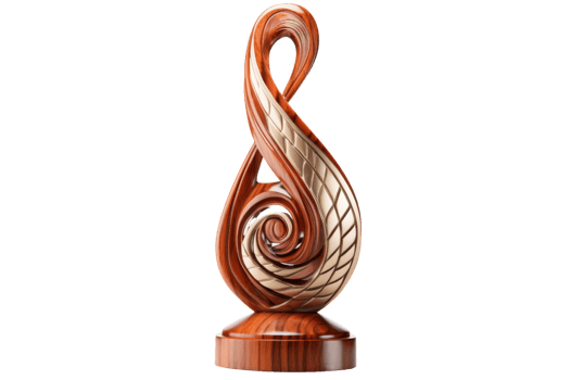 A wooden sculpture of a spiral with gold accents. The design of the sculpture is intricate and detailed, with a sense of movement and flow. The gold accents add a touch of elegance png