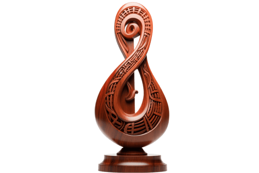 A wooden sculpture of a musical note with a curved shape. The sculpture is carved from wood and has a unique design png