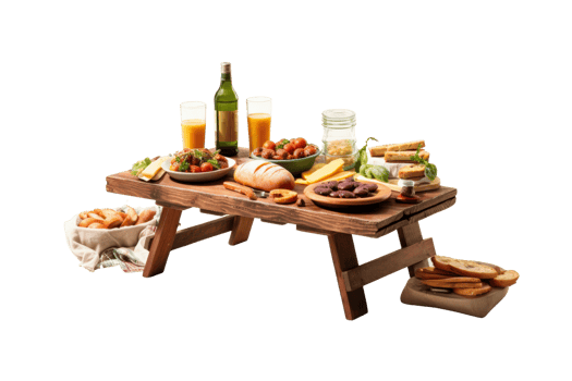 A wooden picnic table is covered with a variety of food and drinks, including sandwiches, fruit, and wine. The table is set up for a casual outdoor meal, with a bottle of wine png