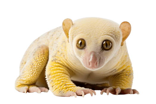 A small, yellow and white animal with a big head and long legs. It is looking at the camera png